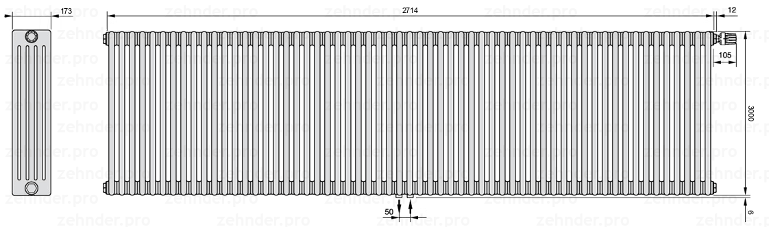 Схема (чертеж) Радиатор Zehnder Charleston 5300/59 №V008 Белый глянцевый RAL 9016